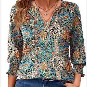 Lomon NWT women’s paisley XL blouse Long Sleeve V Neck